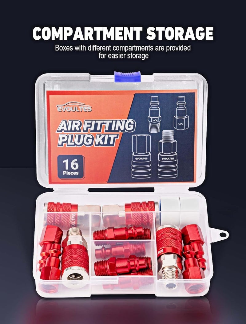 EVOULTES 16 Pieces Universal 1/4" NPT Air Hose Fittings & Coupler Kit, Lightweight Aluminium With Quick Connect Plug, Pneumatic Tool Fitting for Compressor Accessories - Image 5